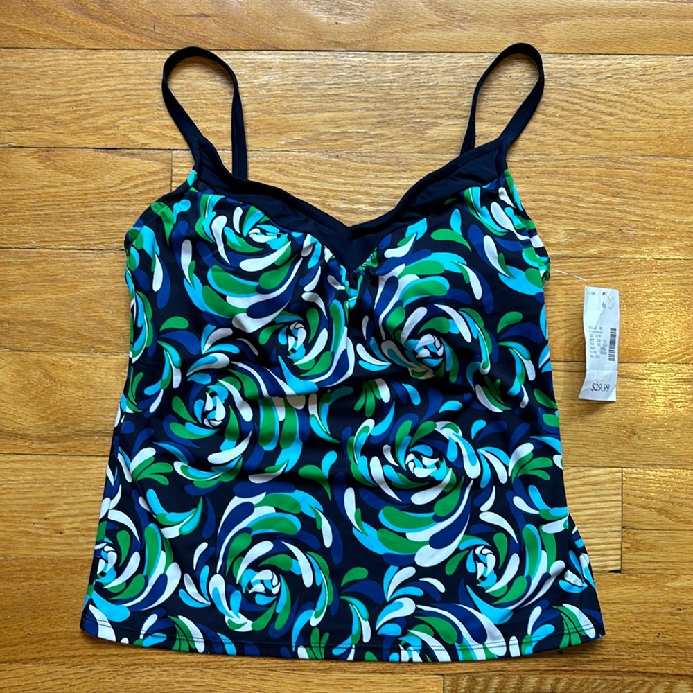 Fashion Bug Tankini, teen/ladies size 6 NEW blue green white bathing suit top